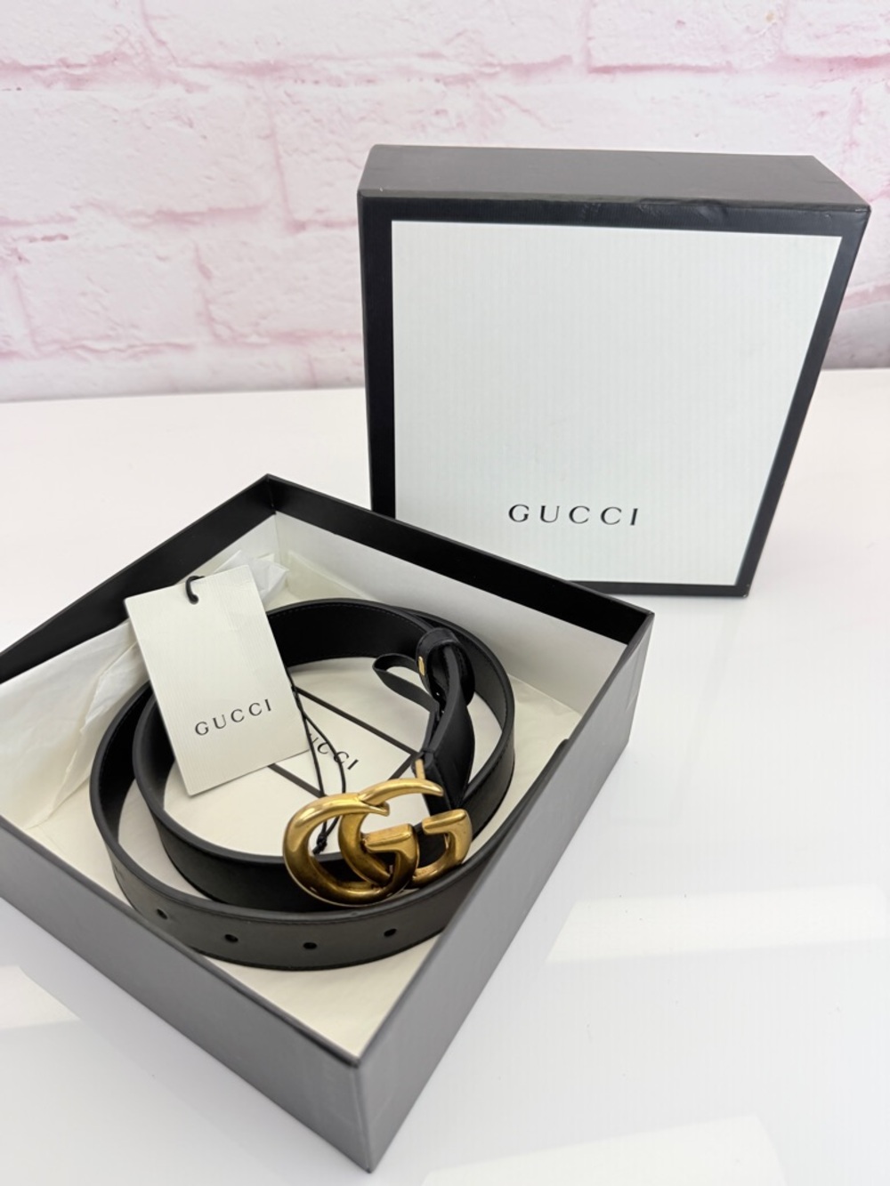 Authentic Gucci Slim Leather Marmont Gg Double Mens Belt Black 80/32” 414516 - Picture 11 of 11